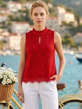 J. CREW Red Floral Lace Ruffle Neck Sleeveless Blouse | SZ S